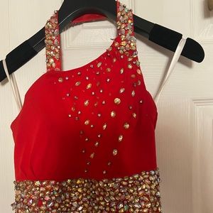 Custom red dress worn twice minimum bead loss.       SIZE:10-12